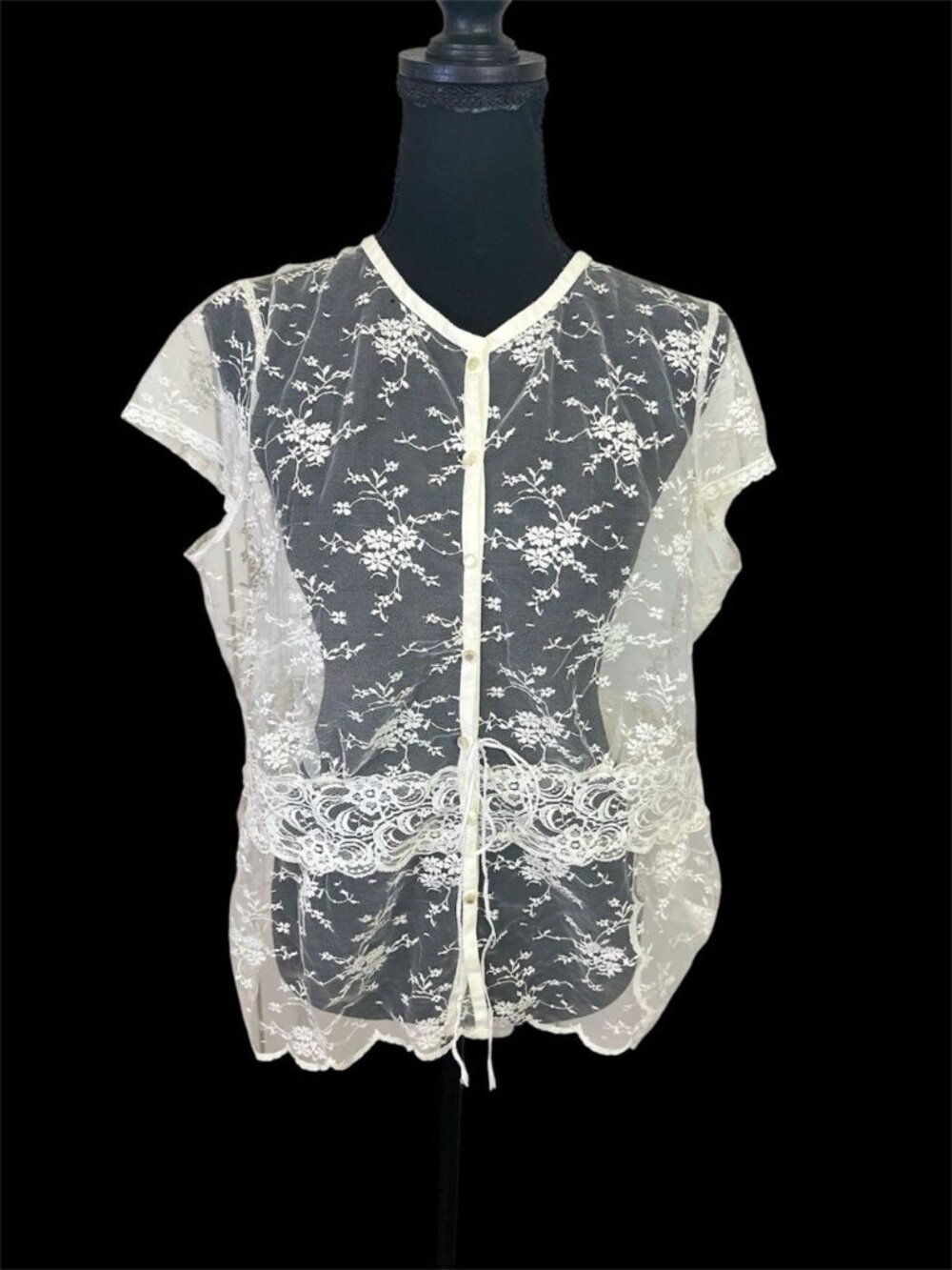 Vintage Y2K Women Lace Top Sz M Sheer Ivory Coquette Fairy Femme Romantic Button